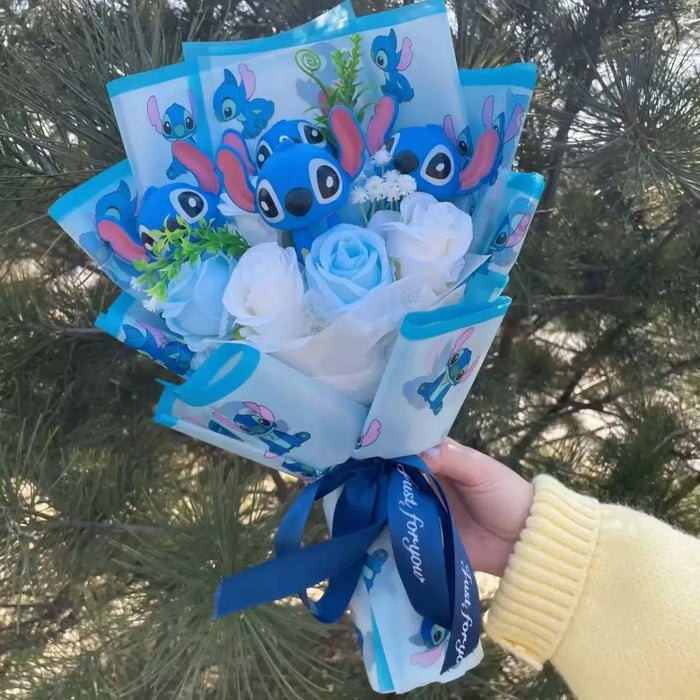Kawaii Stitch Plush Bouquet – Blue Cartoon Action Figure Gift Set - for just $34.95! 