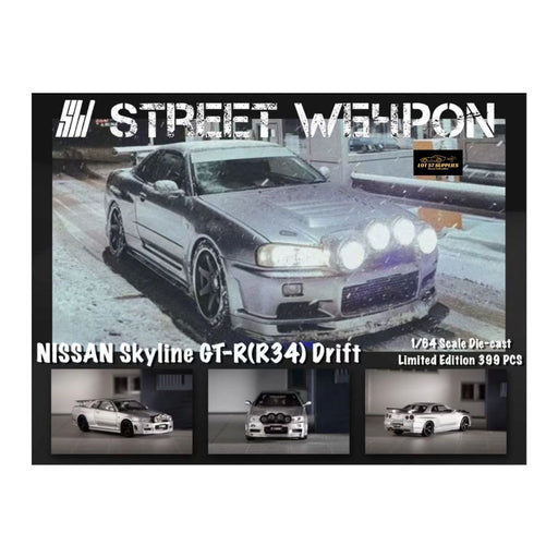 Street Weapon Nissan (R34) GT-R in Silver Snow Drift 1:64 - Premium Nissan - Just $37.99! Shop now at Retro Gaming of Denver