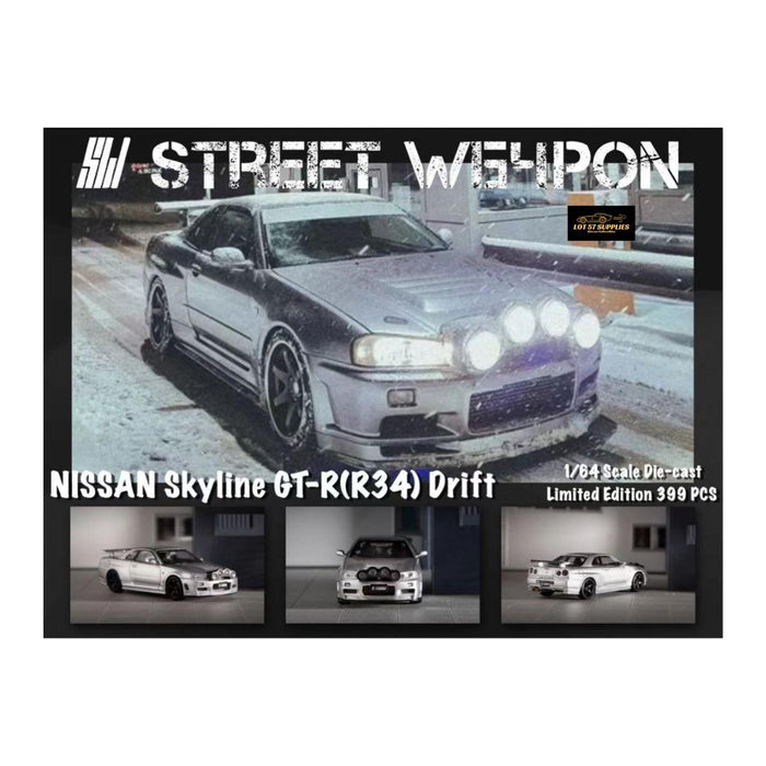 Street Weapon Nissan (R34) GT-R in Silver Snow Drift 1:64 - Just $37.99! Shop now at Retro Gaming of Denver