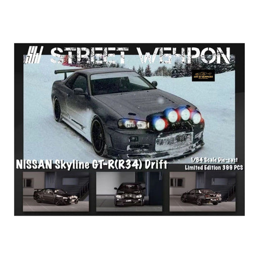 Street Weapon Nissan (R34) GT-R in Black Snow Drift 1:64 - Premium Nissan - Just $37.99! Shop now at Retro Gaming of Denver