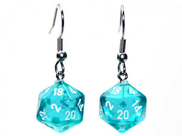 Chessex Dice: Hook Earrings - Translucent Teal Mini-Poly d20 Pair - for just $9.98! 