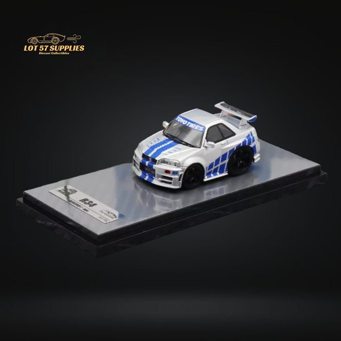 YM model X QCAR Skyline R34 Silver Blue F&F Livery Resin 1:64 - for just $64.99! 