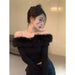 Off Shoulder Plush Trim Top – Y2K E-Girl Slim Fit Autumn Pullover - for just $32.95! 