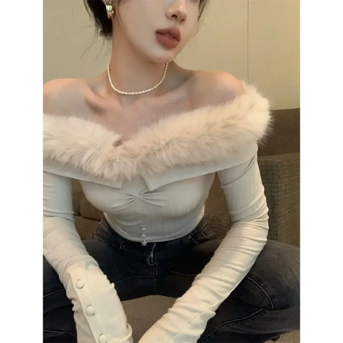 Off Shoulder Plush Trim Top – Y2K E-Girl Slim Fit Autumn Pullover - for just $32.95! 