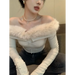 Off Shoulder Plush Trim Top – Y2K E-Girl Slim Fit Autumn Pullover - for just $32.95! 