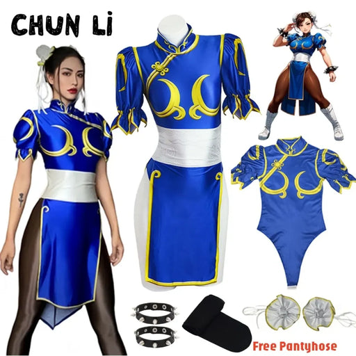 Chun Li Cosplay Costume – Street Fighter Blue Cheongsam Set with Headdress - for just $63.95! 