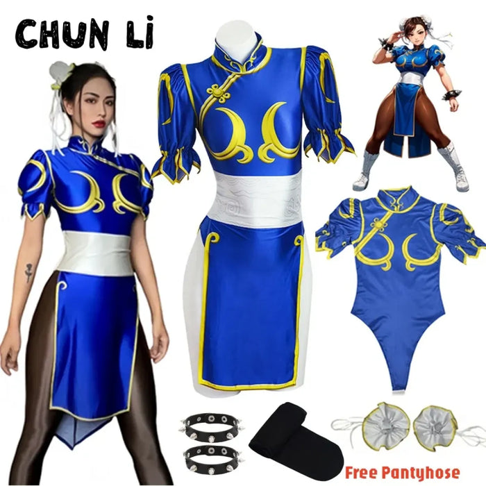 Chun Li Cosplay Costume – Street Fighter Blue Cheongsam Set with Headdress - for just $63.95! 