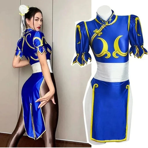 Chun Li Cosplay Costume – Street Fighter Blue Cheongsam Set with Headdress - for just $63.95! 