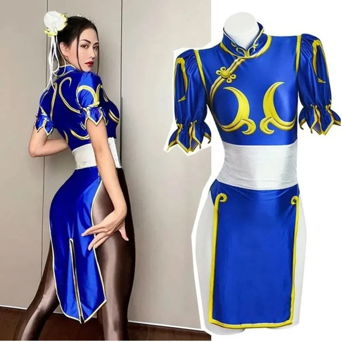 Chun Li Cosplay Costume – Street Fighter Blue Cheongsam Set with Headdress - for just $63.95! 