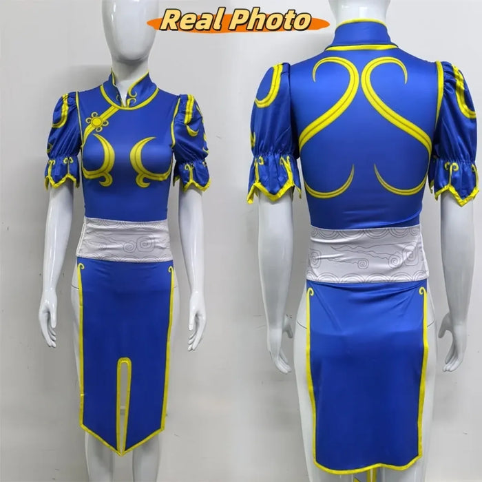 Chun Li Cosplay Costume – Street Fighter Blue Cheongsam Set with Headdress - for just $62.95! 