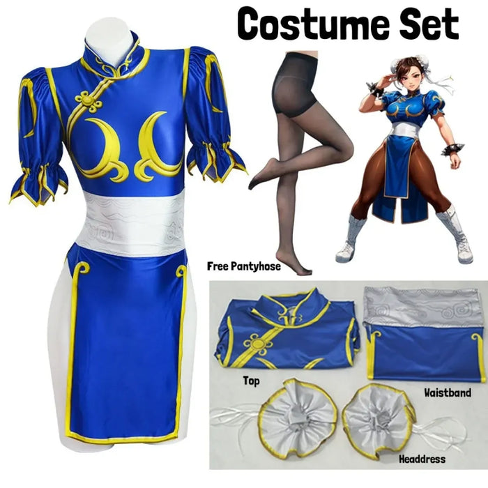 Chun Li Cosplay Costume – Street Fighter Blue Cheongsam Set with Headdress - for just $63.95! 