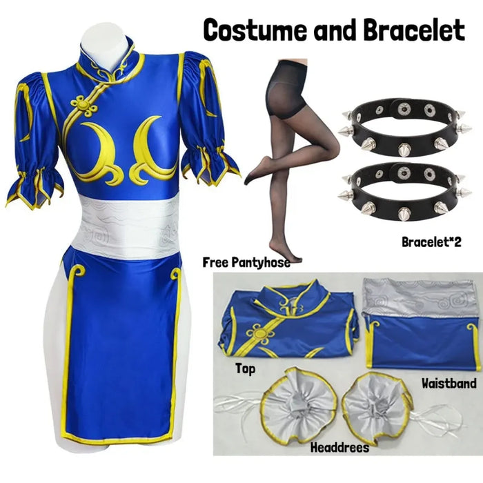 Chun Li Cosplay Costume – Street Fighter Blue Cheongsam Set with Headdress - for just $63.95! 