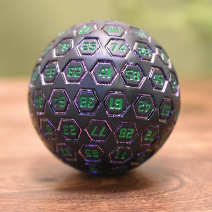 The Orb D100 -  Purple, Green, and Black Metal Die - Just $39.99! Shop now at Retro Gaming of Denver