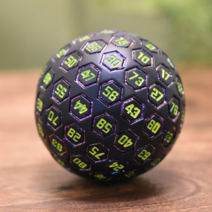 The Orb D100 -  Purple, Neon Green, and Black Metal Die - Just $39.99! Shop now at Retro Gaming of Denver