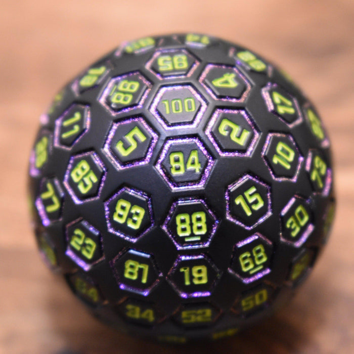 The Orb D100 -  Purple, Neon Green, and Black Metal Die - Just $39.99! Shop now at Retro Gaming of Denver