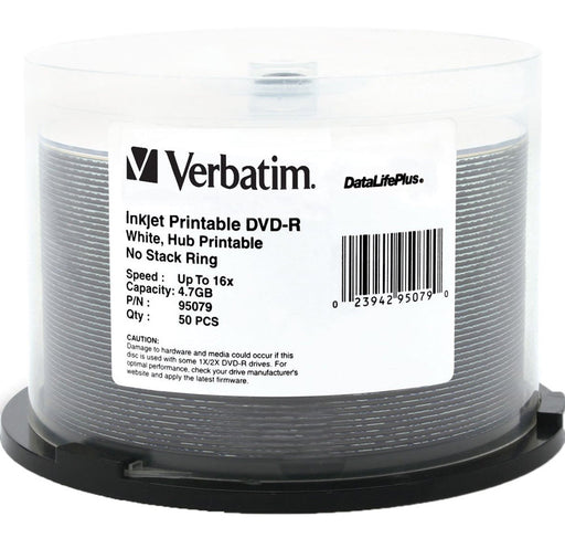Verbatim 16X DVD-R 4.7GB White Inkjet Hub Printable [Discontinued] - for just $23.95! 