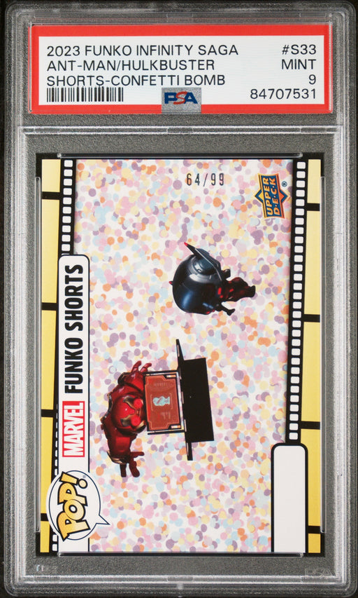 2023 UPPER DECK FUNKO POP MARVEL  SHORTS ANTMAN/HULKBUSTER SHORTSCONFETTI BOMB #S33  PSA 9 - for just $99! 
