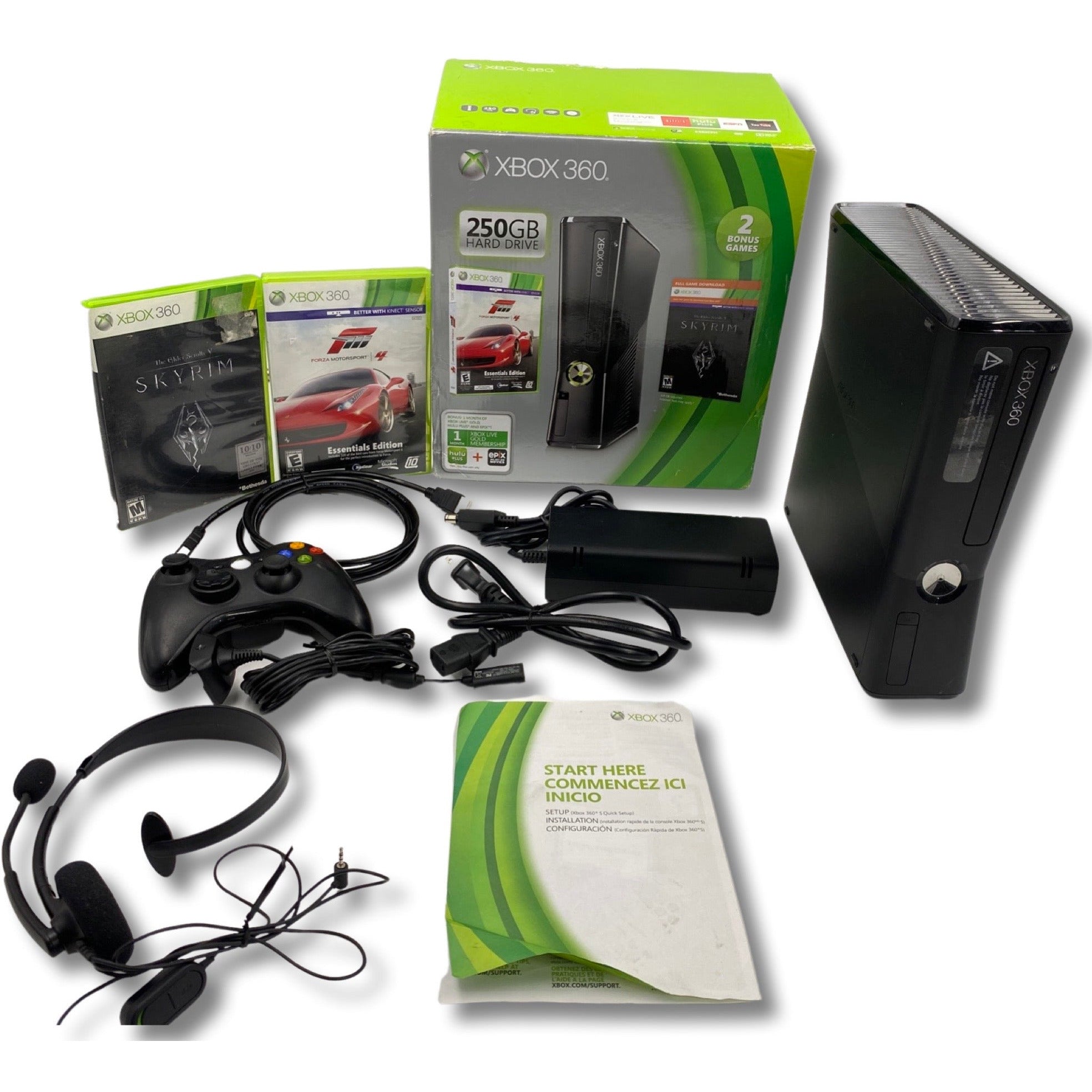 Xbox 360 250gb Hard Drive Slim Console Bundle, 2 Controllers, Cables, Tested!