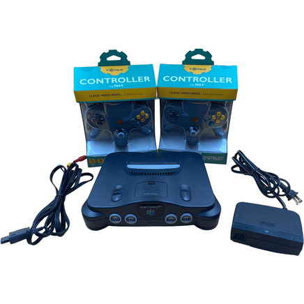 View of all items included in Nintendo 64 System with Expansion Memory Pak & 2 Controllers