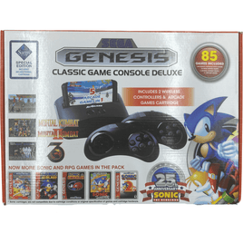 Front view of box of Sega Genesis Classic Game Console Deluxe