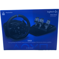 Front view of sealed box of box for Logitech TrueForce G923 Racing Wheel & Pedals for PS4 PS5 and PC